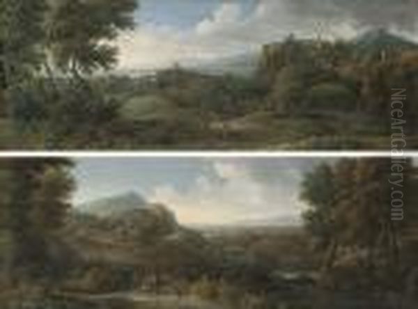 An Extensive Italianate 
Landscape With Travellers On A Track, Atown Beyond; And An Extensive 
Italianate River Landscape Withdrovers And Their Cattle On A Track, A 
Town Beyond Oil Painting by Jean-Francois Millet