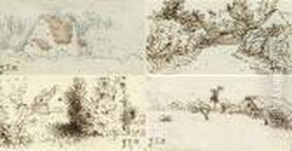 Quatre Chaumieres
 Quatre Dessins A L'encre Brune Et Crayon (l'un Rehausse D'aquarelle), Cachet Des Initiales. Oil Painting by Jean-Francois Millet