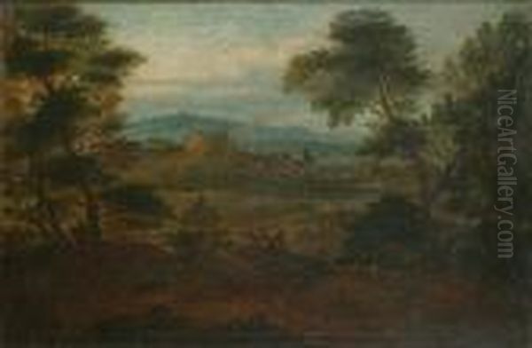 A Classical River Landscape With
 A Capriccio Of The Castel Sant' Angelo Beyond; And An Italianate 
Landscape With Classical Figures In The Foreground, A Roman Villa Beside
 A Lake Beyond Oil Painting by Jean-Francois Millet