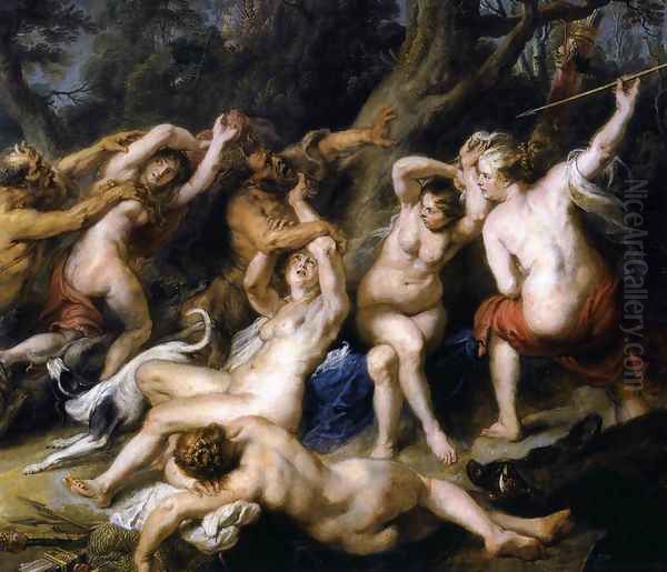 Diana and her Nymphs Surprised by the Fauns (detail-2) 1638-40 Oil Painting by (studio of) Rubens, Peter Paul