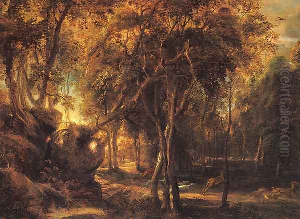 A Forest at Dawn with Deer Hunt Oil Painting by (studio of) Rubens, Peter Paul