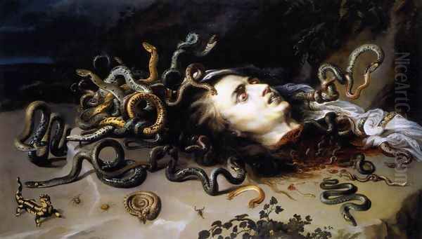 The Head of Medusa c. 1617 Oil Painting by (studio of) Rubens, Peter Paul