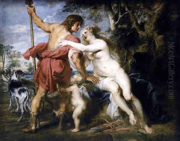 Venus and Adonis c. 1635 Oil Painting by (studio of) Rubens, Peter Paul