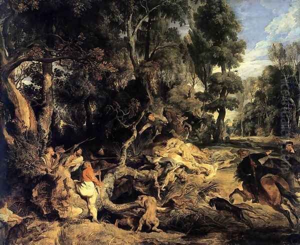 Boar Hunt 1615-20 Oil Painting by (studio of) Rubens, Peter Paul