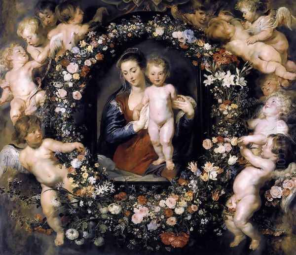 Madonna in Floral Wreath c. 1620 Oil Painting by (studio of) Rubens, Peter Paul