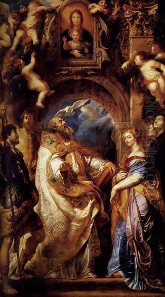 Saint Gregory With Saints Domitilla Maurus And Papianus Oil Painting by (studio of) Rubens, Peter Paul