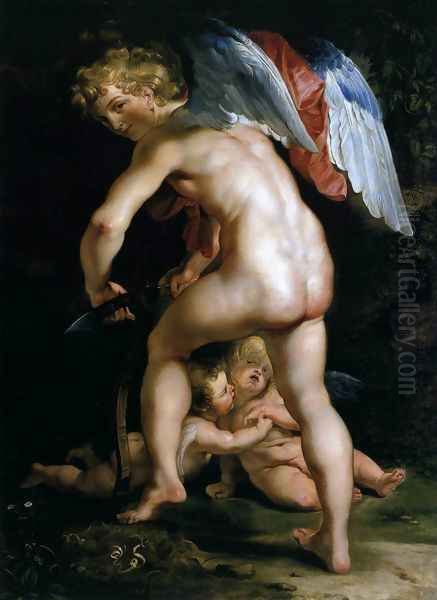 Cupid Making His Bow 1614 Oil Painting by (studio of) Rubens, Peter Paul