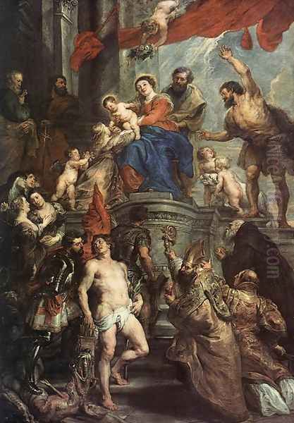 Madonna Enthroned with Child and Saints c. 1628 Oil Painting by (studio of) Rubens, Peter Paul
