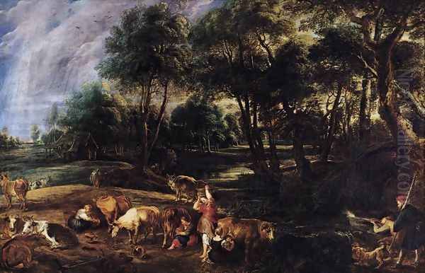 Landscape with Cows and Wildfowlers c. 1630 Oil Painting by (studio of) Rubens, Peter Paul