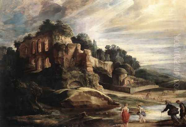 Landscape with the Ruins of Mount Palatine in Rome c. 1608 Oil Painting by (studio of) Rubens, Peter Paul