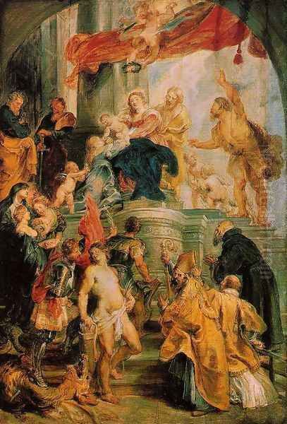 Virgin and Child Enthroned with Saints c. 1628 Oil Painting by (studio of) Rubens, Peter Paul