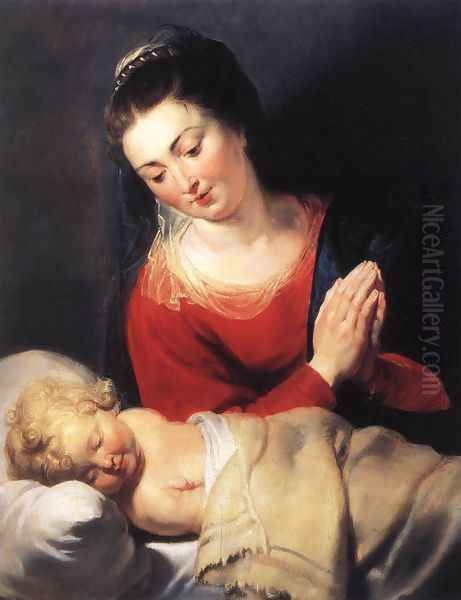 Virgin in Adoration before the Christ Child c. 1615 Oil Painting by (studio of) Rubens, Peter Paul