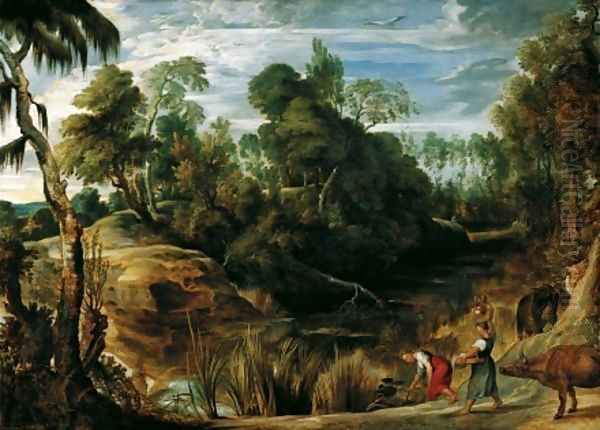 Landscape with Milkmaids and Cows 1616 Oil Painting by (studio of) Rubens, Peter Paul