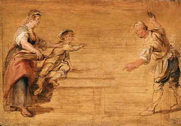 A kitchenmaid, a boy and a butcher by a table Oil Painting by (studio of) Rubens, Peter Paul