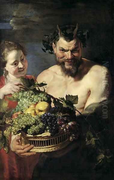 Satyr and Maid with Fruit Basket 1615 Oil Painting by (studio of) Rubens, Peter Paul