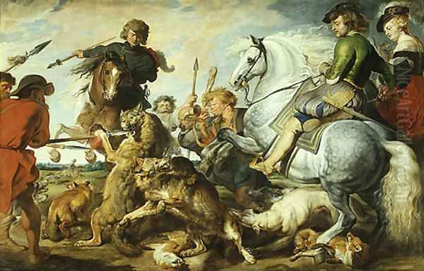Wolf and Fox Hunt ca 1615 Oil Painting by (studio of) Rubens, Peter Paul