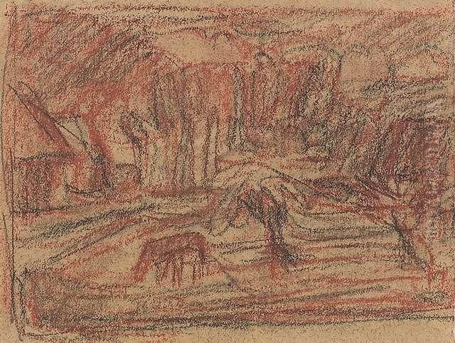 Village Square With Horse. 
Charcoal And Red Chalk On Paper. - Corners Minimally Creased. Margin 
Minimally Stained Oil Painting by Otto Modersohn