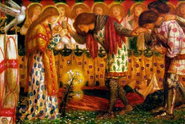 How Sir Galahad, Sir Bors and Sir Percival were Fed with the Sanc Grael; But Sir Percival's Sister Died by the Way 1864 Oil Painting by Dante Gabriel Rossetti