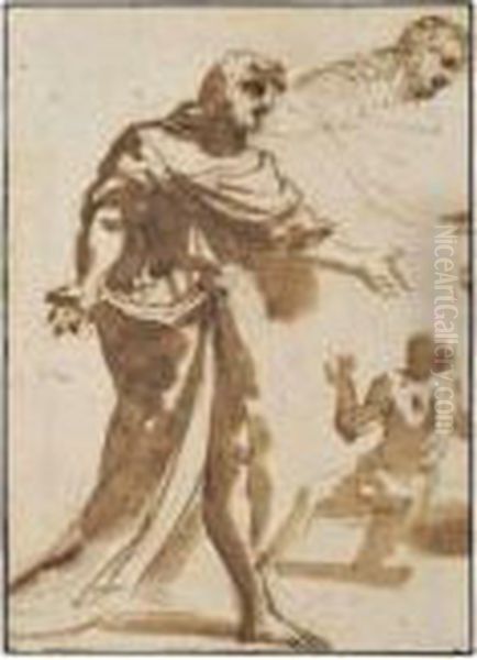 A Standing Draped Male Figure 
And A Separatestudy Of His Head And Shoulders, And A Kneeling Man Oil Painting by Pier Francesco Mola