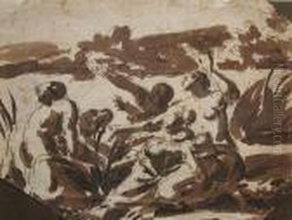 The Crossing Of The Red Sea 
Black Chalk And Brown Wash14 X 19cm French School Harvesters Resitng 
Pen Andbrown Ink 10 X 9cm Two Oil Painting by Pier Francesco Mola