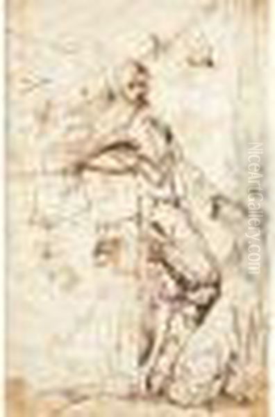 Portrait De Gentilhomme En Pied,
 Le Bras Pose Sur Une Balustrade Et Accompagne D'un Chien Oil Painting by Pier Francesco Mola