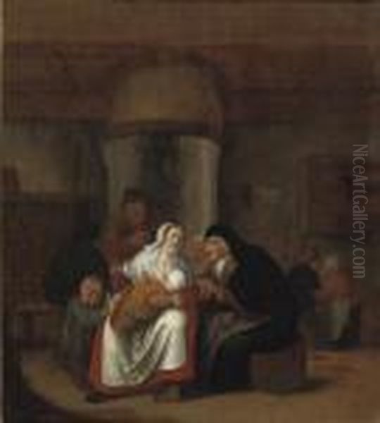A Woman Holding A Child In An 
Interior, An Old Woman Sitting Next To Her And Other Figures In The 
Background Oil Painting by Jan Miense Molenaer
