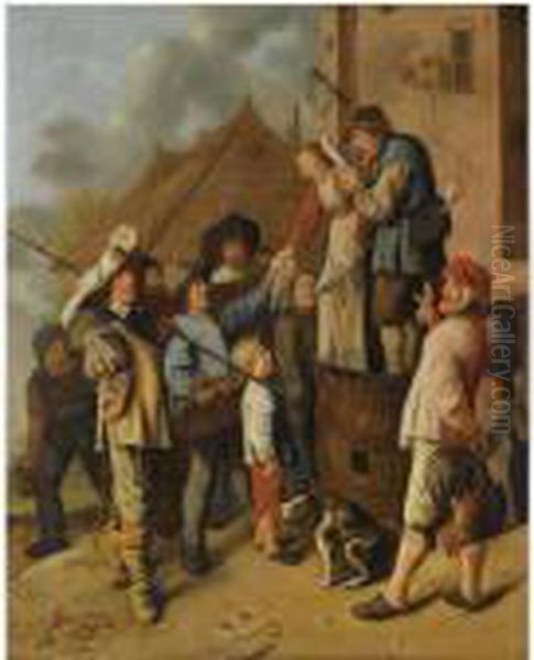 A Man And A Woman Standing On 
Barrels Reading A Newspaper Out Loud,surrounded By A Group Of Figures, 
Outside A Tavern Oil Painting by Jan Miense Molenaer