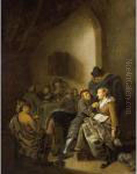 An Amorous Couple In An Inn With
 Other Figures Drinking And Playing Cards In The Background Oil Painting by Jan Miense Molenaer