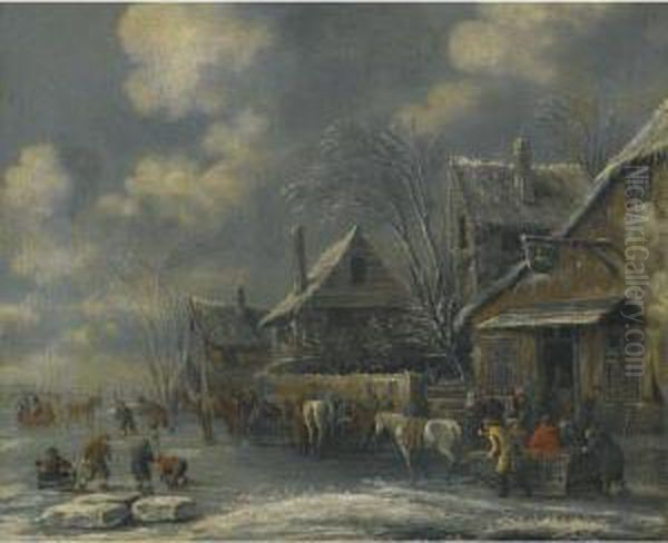 A Frozen River Landscape With 
Children Playing On The Ice Andfigures Gathered Outside The Swan Inn Oil Painting by Claes Molenaar (see Molenaer)