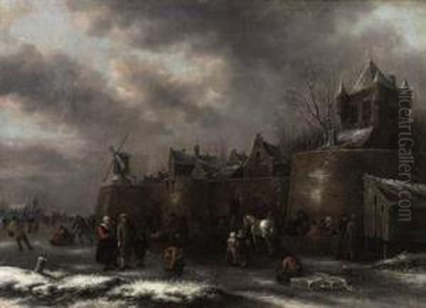 A Winter Landscape With Figures 
Skating And Sleighing On A Frozenmoat Outside A Fortified Town Oil Painting by Claes Molenaar (see Molenaer)