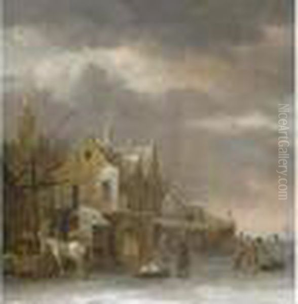 Winterlandschaft Mit Altem Haus An Gefrorenem Ufer Oil Painting by Claes Molenaar (see Molenaer)