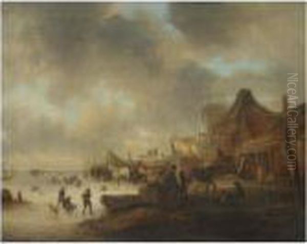 A Winter Landscape With Children
 Playing On A Frozen River And Travellers Resting With Their Horses Oil Painting by Claes Molenaar (see Molenaer)