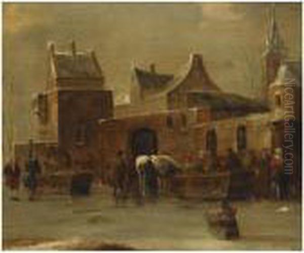 A Winter Landscape With Figures 
And Horses Outside The City Wall, On A Frozen River, A Child On A Sleigh
 In The Foregroud Oil Painting by Claes Molenaar (see Molenaer)