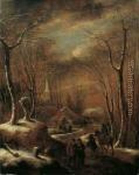 Winterlandschaft Mit Wanderern 
Vor Einem Dorf. Signiert Unten Rechts: K. Molenaer. Ol Auf Oil Painting by Claes Molenaar (see Molenaer)