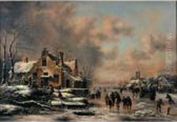 A Winter Landscape With Figures 
Skating On A Frozen River Before A House, Children Playing Oil Painting by Claes Molenaar (see Molenaer)