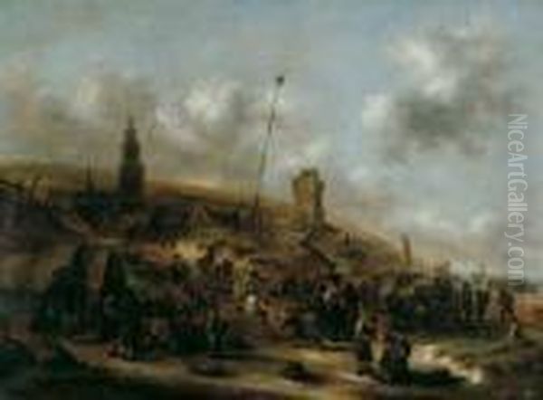 Nach Dem Fischfang. Strandszene 
Vor Einem In Den Dunen Gelegenen Dorf Mit Zahlreichen Personen. Oil Painting by Claes Molenaar (see Molenaer)
