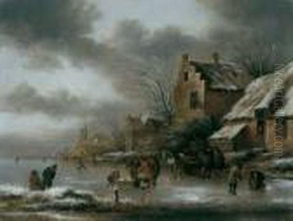 Winterlandschaft Mit Eislaufern Vor Einer Stadt. Oil Painting by Claes Molenaar (see Molenaer)