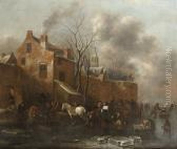 A Winter Landscape With Skaters 
On A Frozen River, Workmen Unloading Their Sledges And Numerous Other 
Figures Outside The Walls Of A Walled Town Oil Painting by Claes Molenaar (see Molenaer)