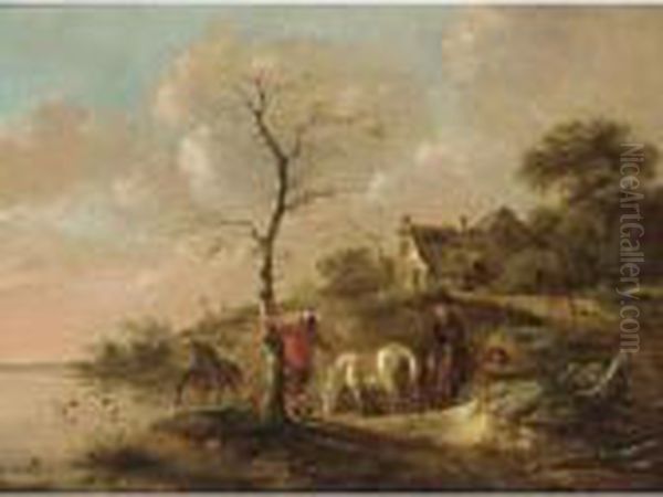 A Wooded Landscape With 
Travellers Watering Their Horses Near A River, Figures Swimming And A 
Horseman On A Path Near A Farm Oil Painting by Claes Molenaar (see Molenaer)