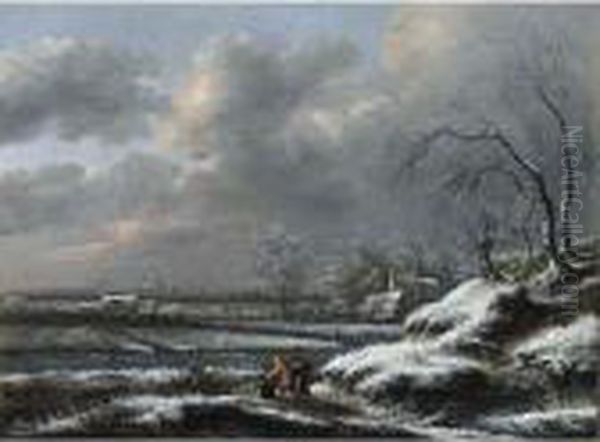 A Winter Landscape With A Man 
Pushing A Sledge In The Foreground, A View Of Haarlem With The Cathedral
 Of St. Bavo Beyond Oil Painting by Claes Molenaar (see Molenaer)