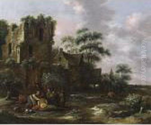 A Village Scene With Peasants 
And Their Children Near A Ruined Tower, A Tavern With Horsemen And Other
 Figures In The Background Oil Painting by Claes Molenaar (see Molenaer)
