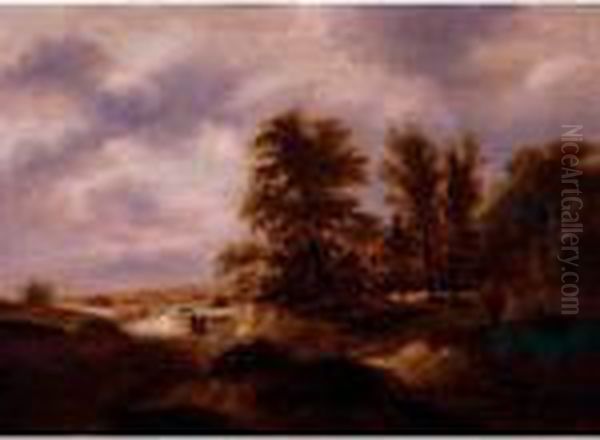 Wooded Landscape With Figures Gathered Near Cottages Oil Painting by Claes Molenaar (see Molenaer)