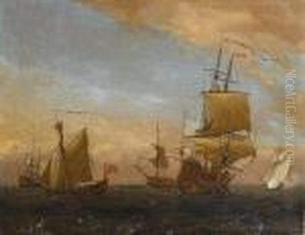 A Squadron Of The Red Gathered 
Together With Two Admiralty Yachts Nearby, One Firing A Salute As She 
Approaches The Flagship Oil Painting by Peter Monamy