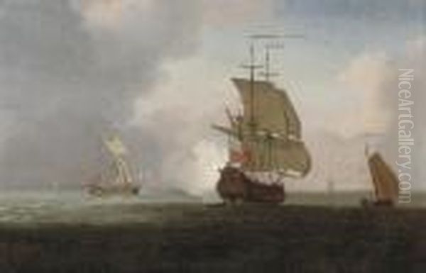 A Two-decker Announcing Her 
Arrival At The Anchorage, With An Admiralty Yacht Running Out To Meet 
Her Oil Painting by Peter Monamy
