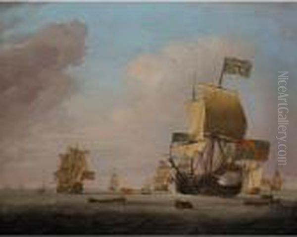 The Albemarle 80/90 Guns-flagship Of Admiral Of The Fleet Sir
 John Leake, Kt. The English Fleet Coming To Anchor In The Bay Of
 Barcelona, 15th May 1708. Leake Saluted The Town With 21 Guns And
 Called A Council Of War On Board His Flagship Prior To T Oil Painting by Peter Monamy