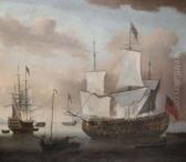 The Arrival Of The Flagship In Calm Seas Oil Painting by Peter Monamy