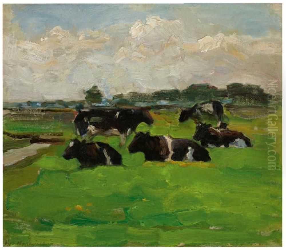 Polder Landscape With Group Of Five Cows Oil Painting by Piet Mondrian