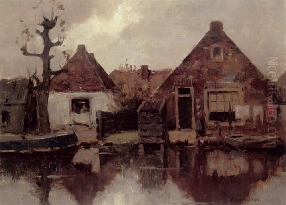 Two Gabled House Facades Along A Canal Oil Painting by Piet Mondrian