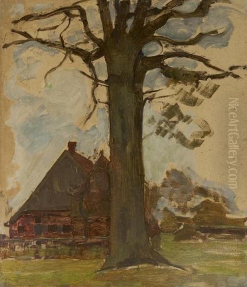 Farmstead Facade With Leafless Oak Oil Painting by Piet Mondrian