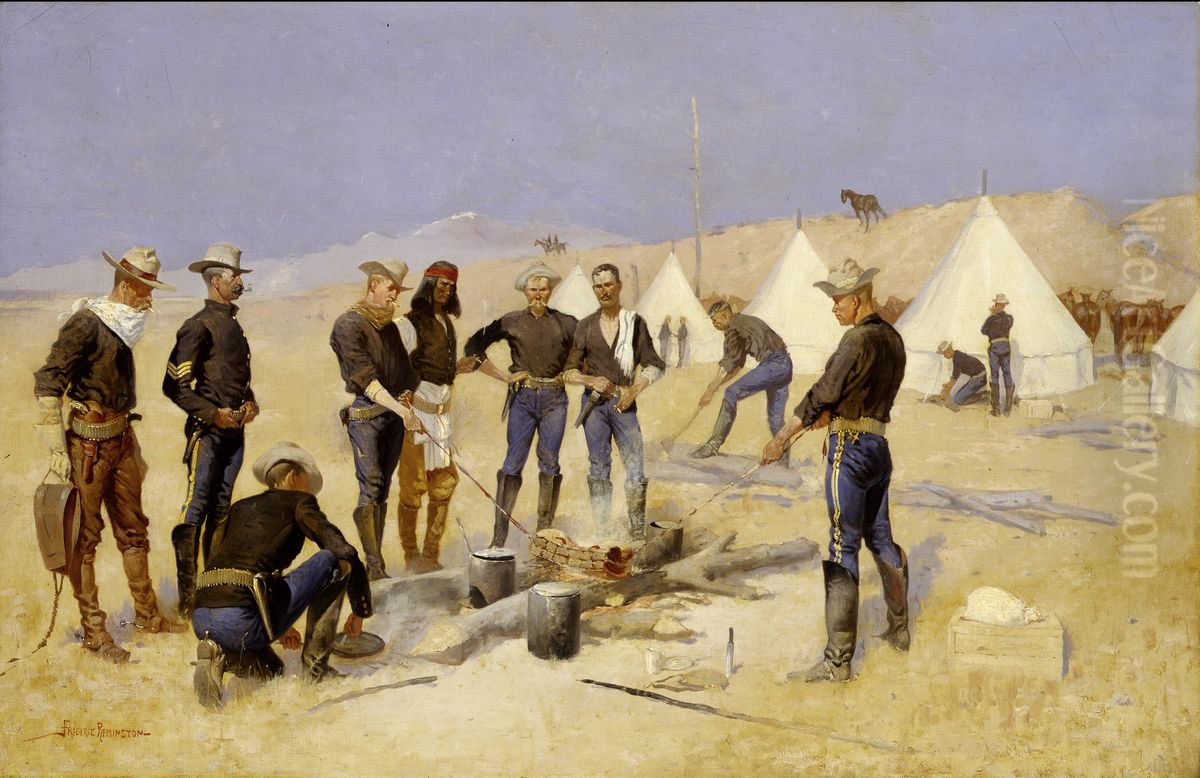 Roasting the Christmas Beef in a Cavalry Camp Oil Painting by Frederic Remington